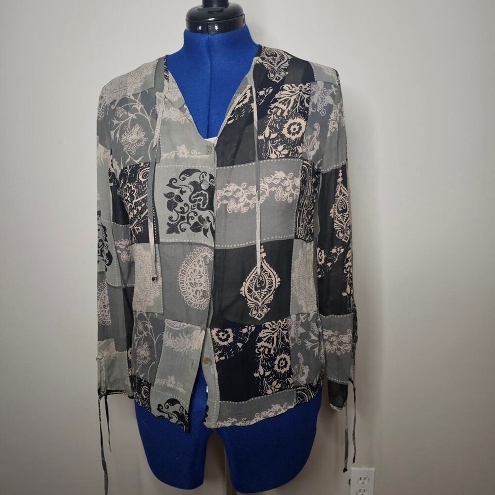 TESS 100% Silk Gray Black Patchwork Paisley Button Front Blouse M Boho